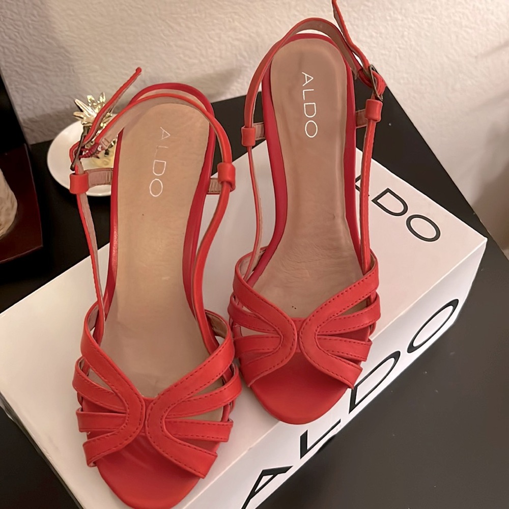 ALDO Red sling back heels (with brown faux wood heel)